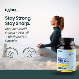 Capsules d'huile de graines noires HOLISTQ sur fond blanc