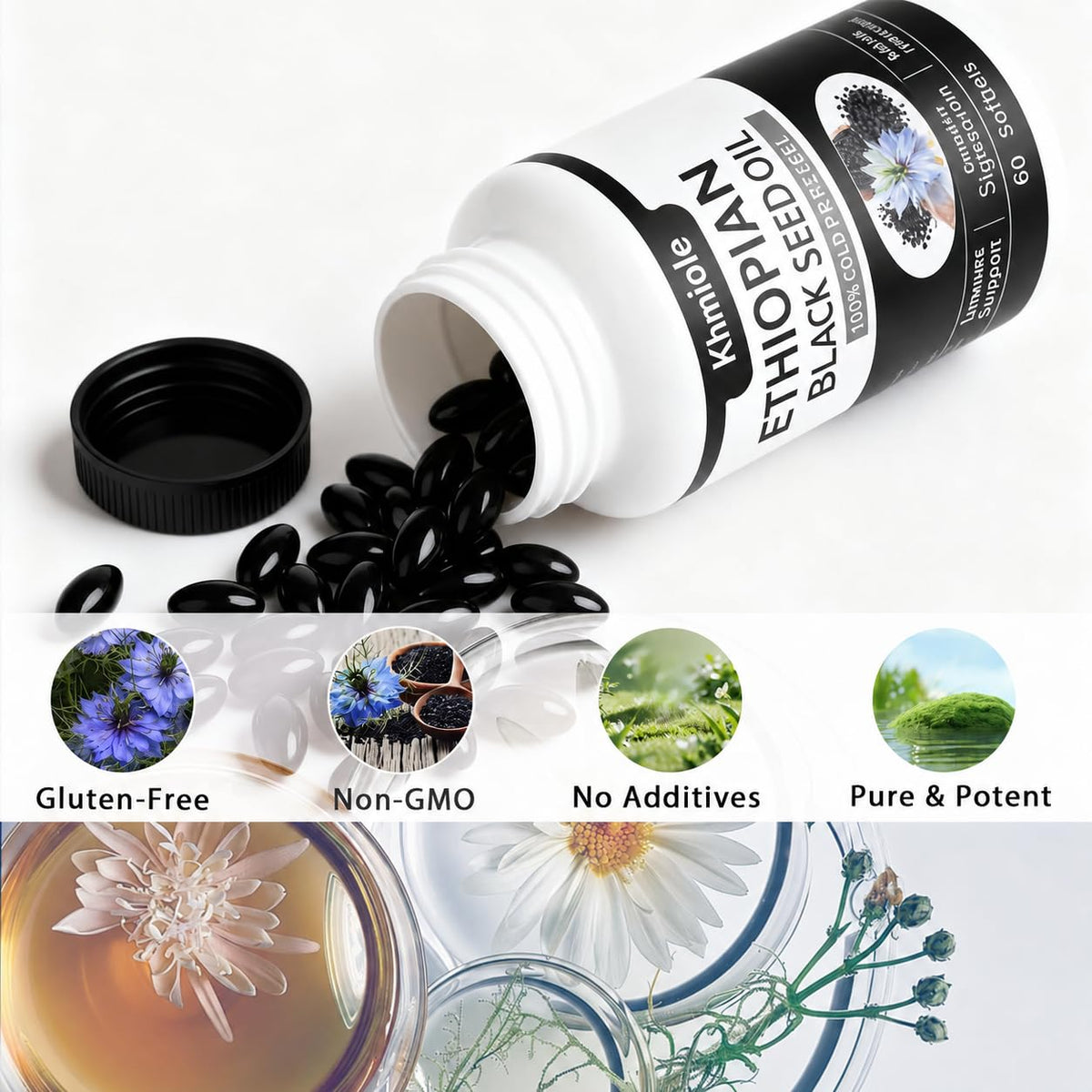 Capsules d'huile de graines noires Khmiole dans une main