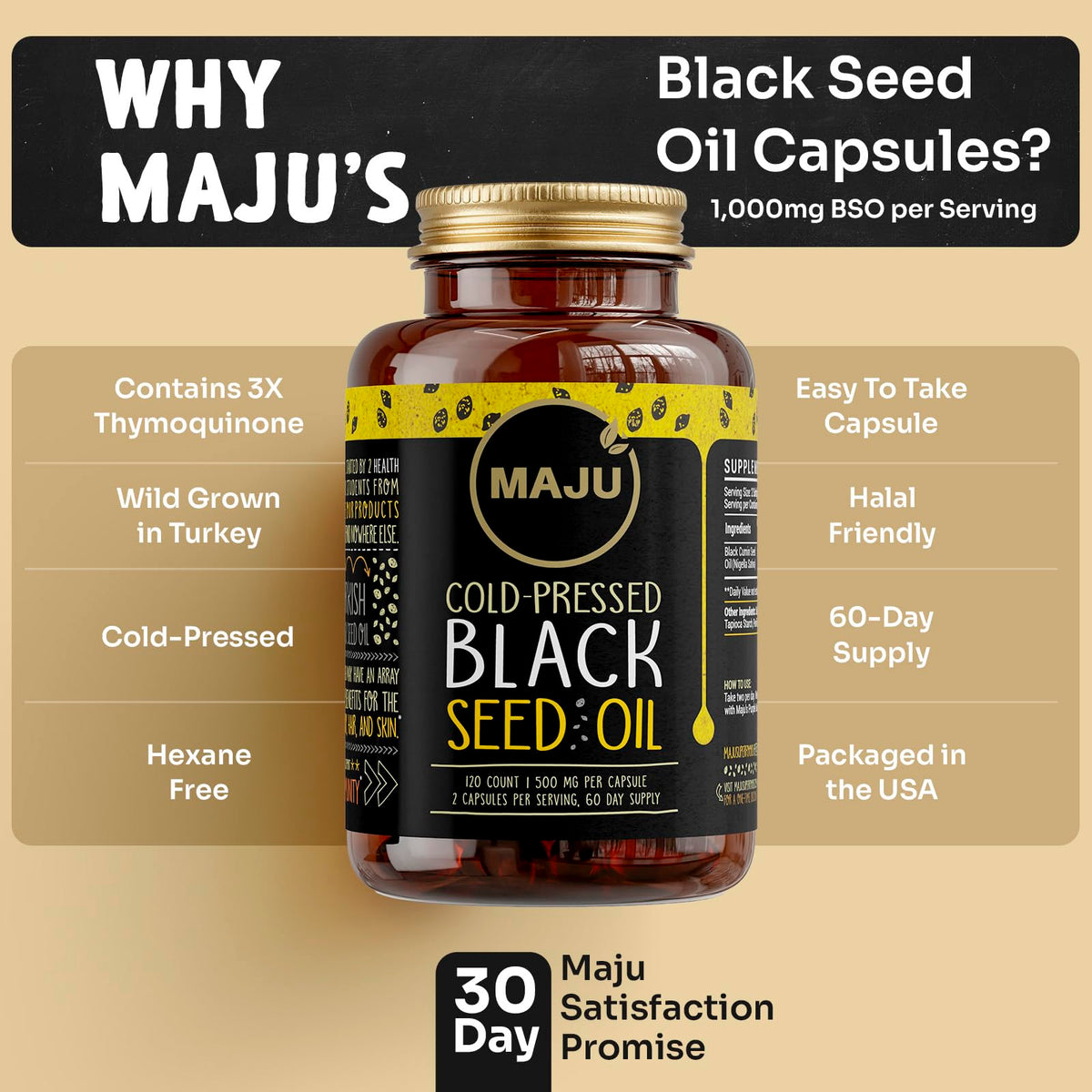 Capsules d'huile de graines noires Maju Superfoods ouvertes avec contenu