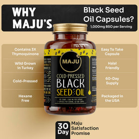Capsules d'huile de graines noires Maju Superfoods ouvertes avec contenu