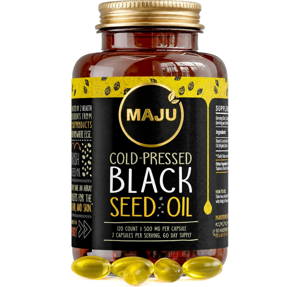 Capsules d'huile de graines noires Maju Superfoods vue de face