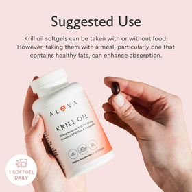 Capsules d'huile de krill Alaya Naturals sur un fond neutre