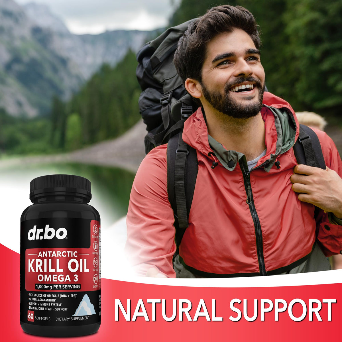 Capsules d'huile de krill DR. BO avec un verre d'eau
