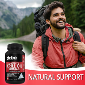 Capsules d'huile de krill DR. BO avec un verre d'eau