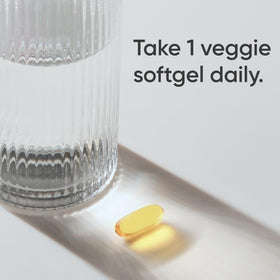 Capsules d'huile de lin Vegan Sports Research sur fond blanc