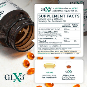 Capsules d'huile de moules vertes GLX3 sur une surface plane, avec un centime pour la taille