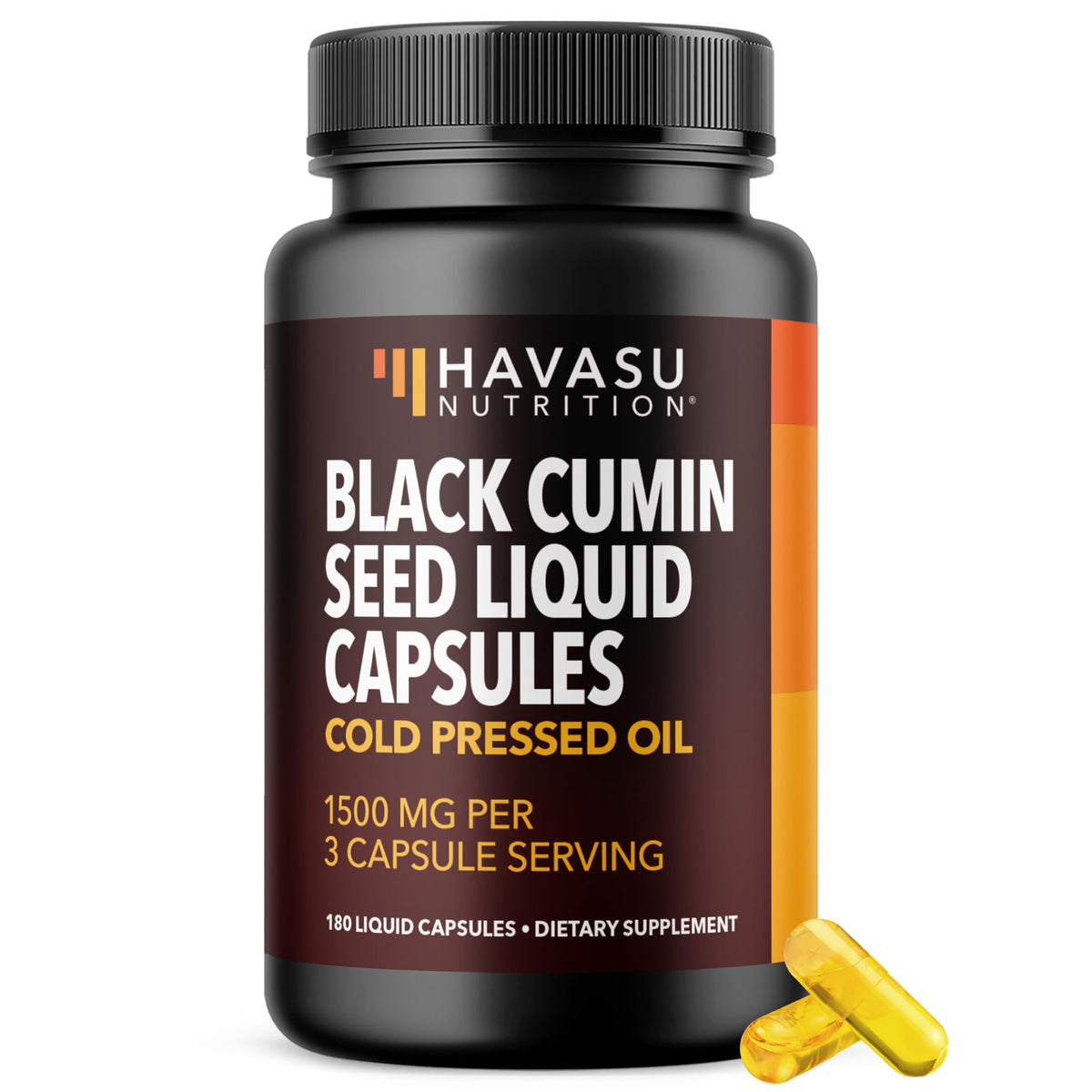 Capsules d'Huile de Nigelle HAVASU NUTRITION 1500mg 180 unités, vue avant
