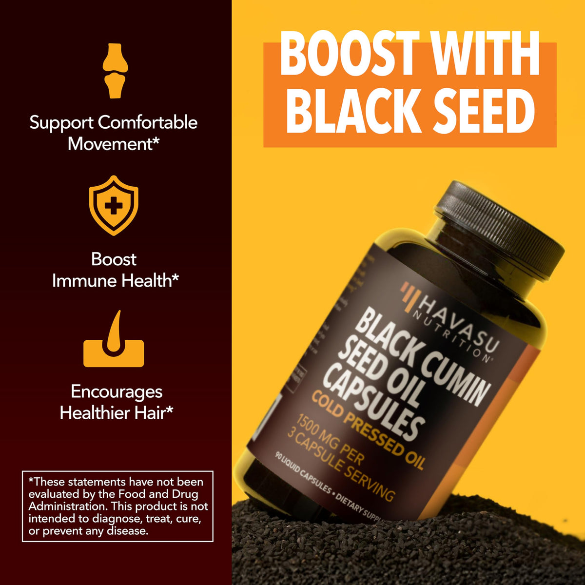 Capsules d'Huile de Nigelle HAVASU NUTRITION ouvertes avec une capsule visible