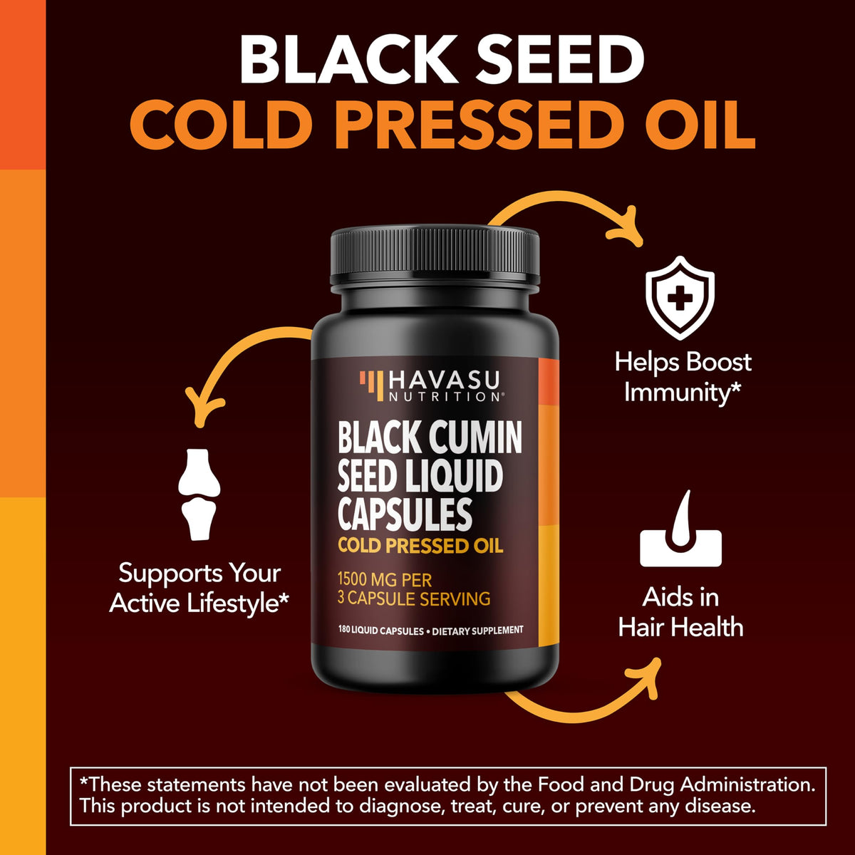 Capsules d'Huile de Nigelle HAVASU NUTRITION sur un fond blanc