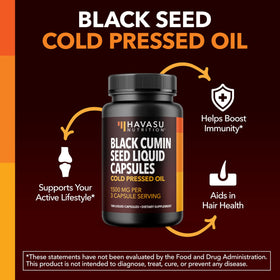 Capsules d'Huile de Nigelle HAVASU NUTRITION sur un fond blanc