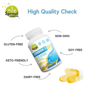 Capsules d'huile de poisson Omega-3 Sprout Source sur une surface en bois
