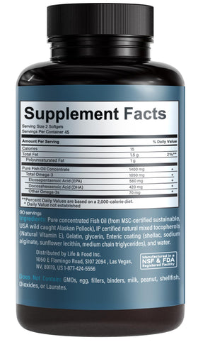 Capsules d'huile de poisson Omega-3 Suprême Life & Food sur une surface blanche