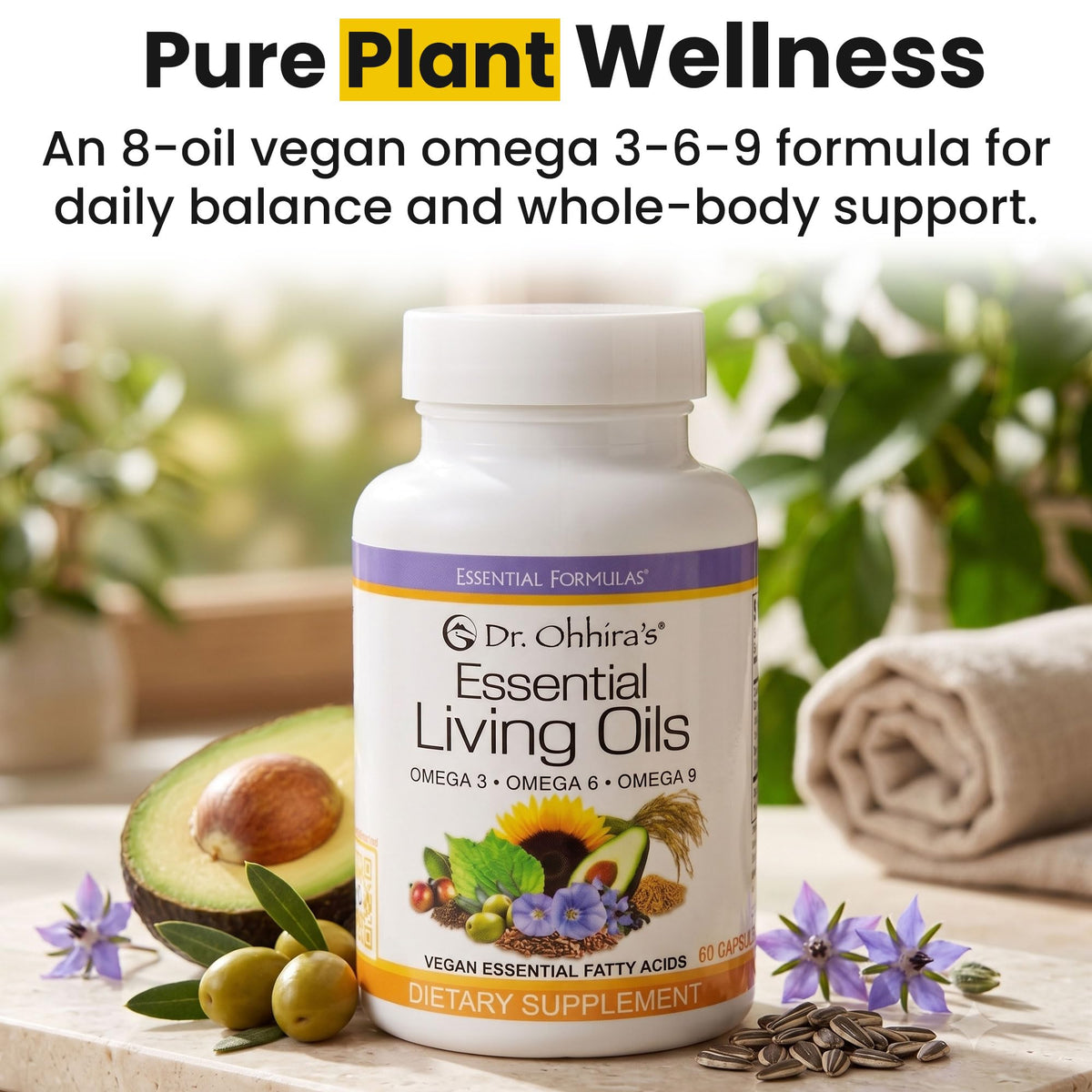 Capsules d'Huile Essentielle Végétale Omega 3-6-9 sur une table en bois
