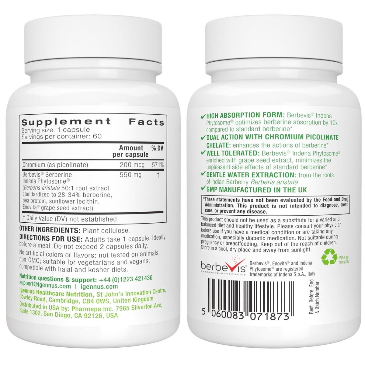 Capsules d'Igennus Berberine Phytosome sur un fond neutre
