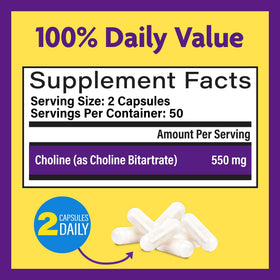 Capsules d'InnovixLabs Choline 550 mg sur une surface blanche