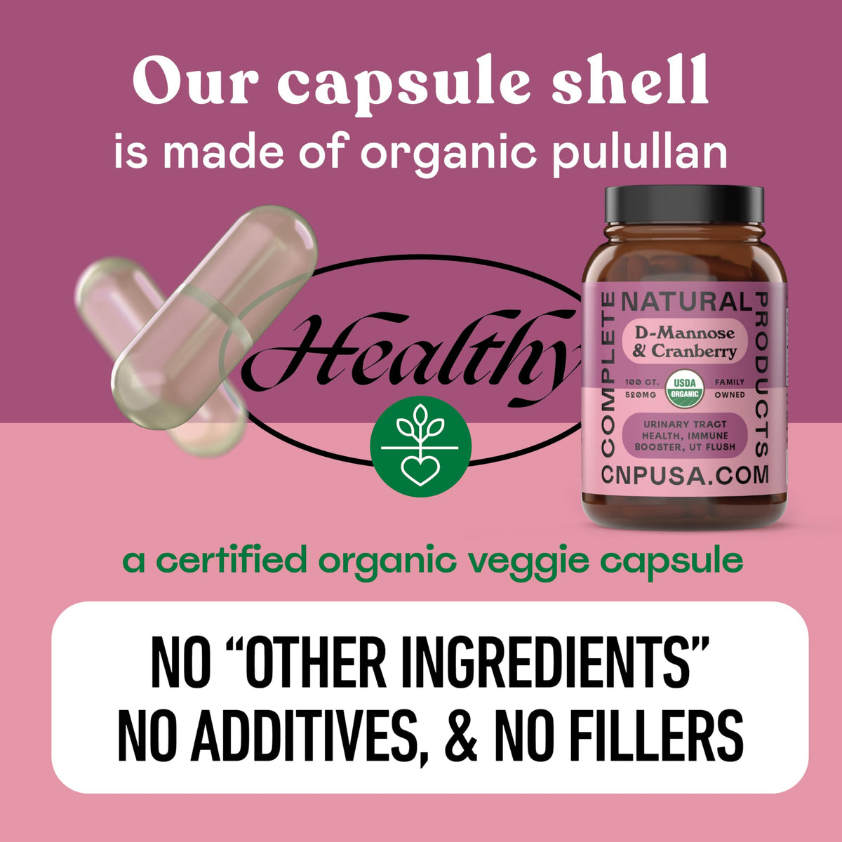 Capsules D Mannose Cranberry sur une table en bois