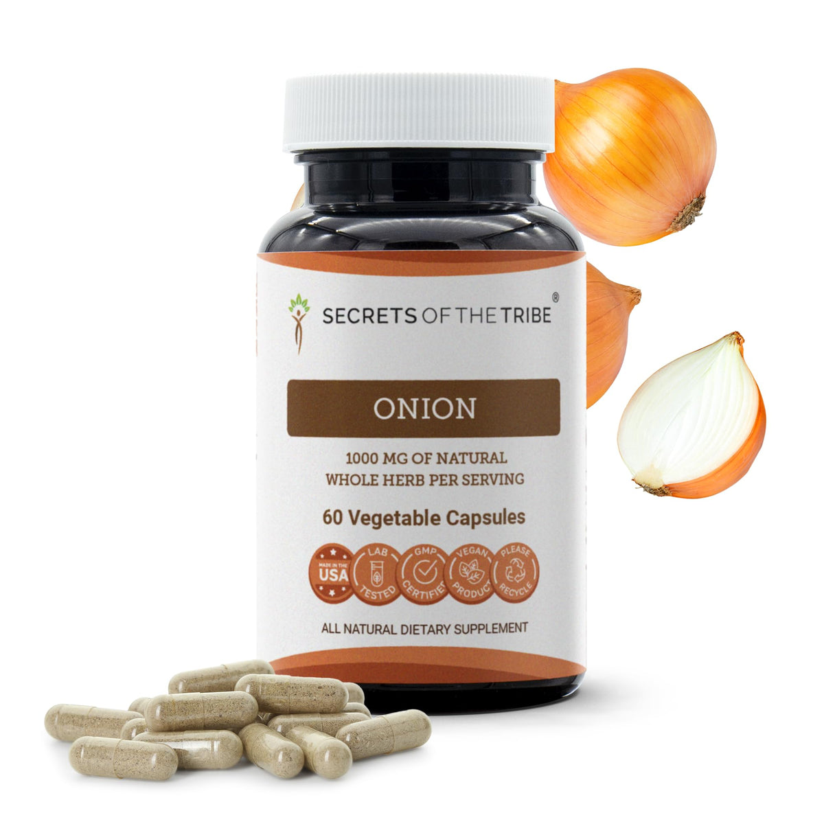 Capsules d'oignon Secrets of the Tribe 1000 mg - vue de face