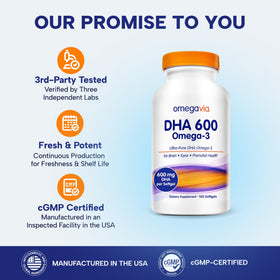 Capsules d'OmegaVia DHA 600 sur une surface blanche