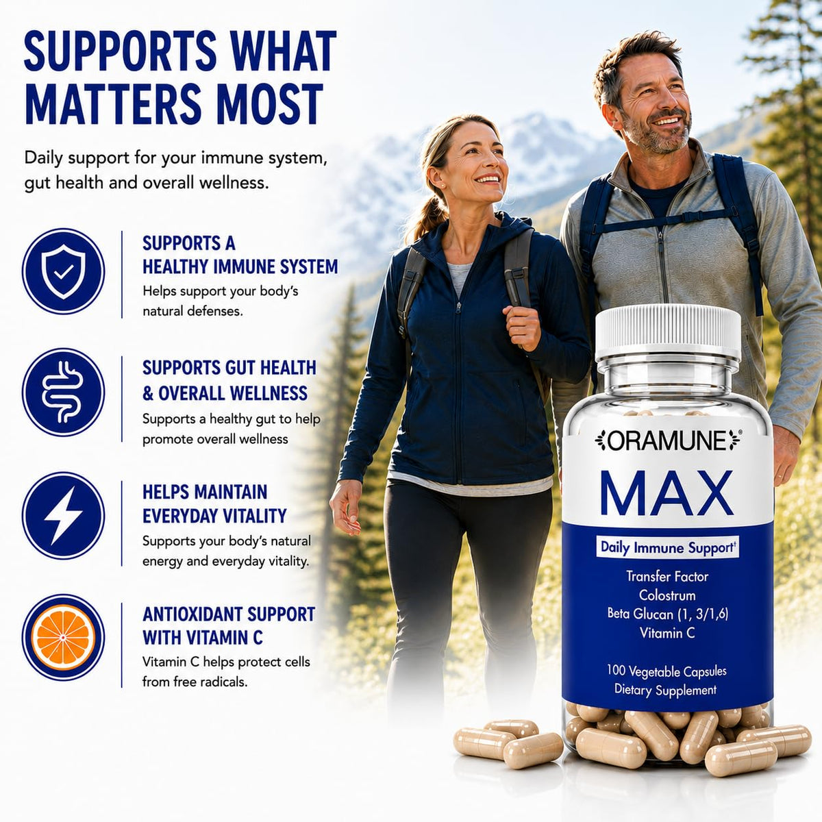 Capsules d'Oramune Max Support sur une table en bois