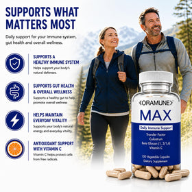 Capsules d'Oramune Max Support sur une table en bois