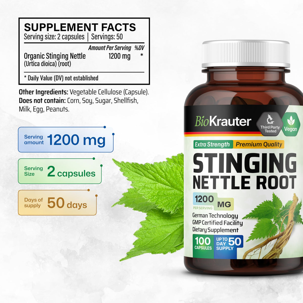 Capsules d'ortie BIO KRAUTER sur un fond naturel