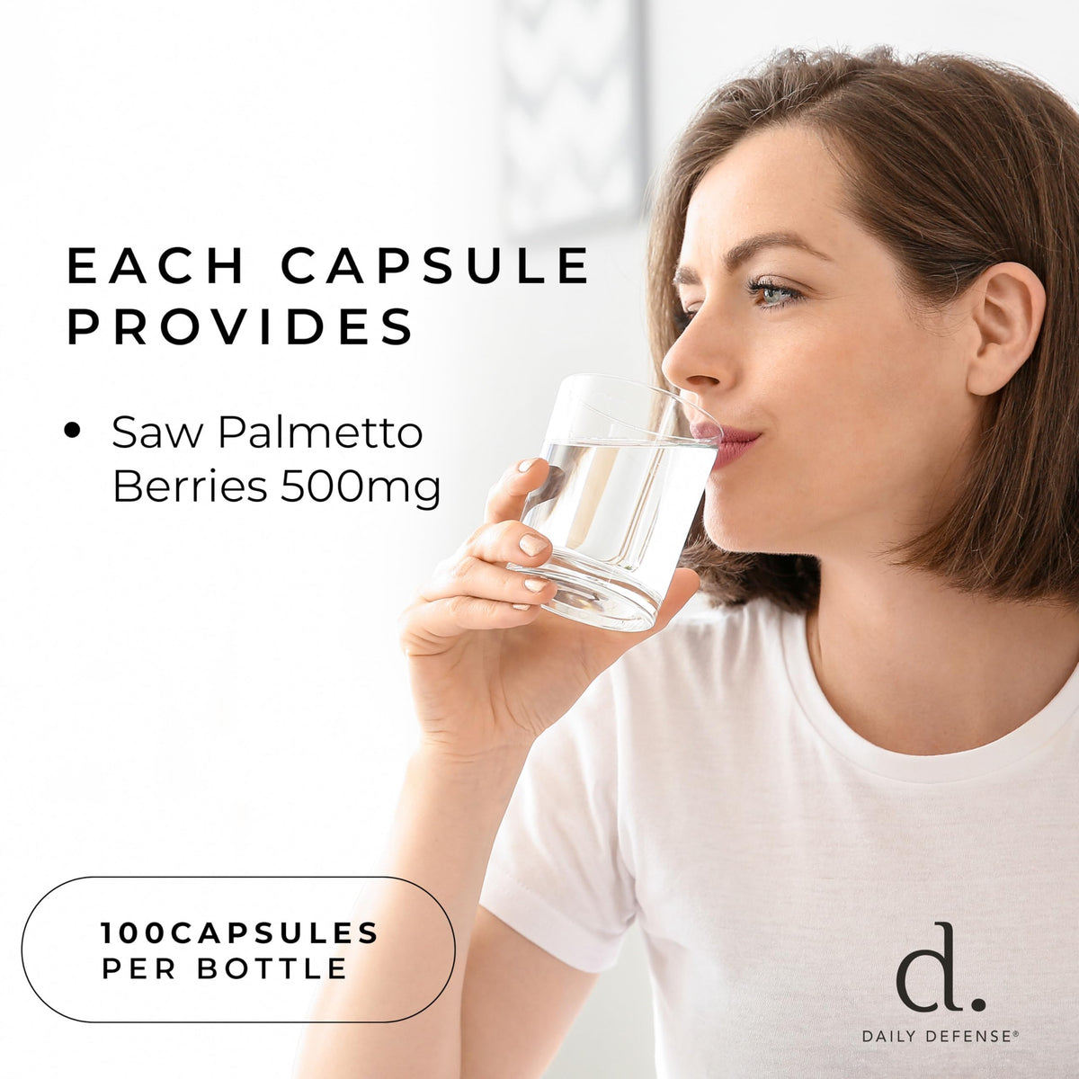 Capsules Daily Defense Saw Palmetto sur une surface blanche