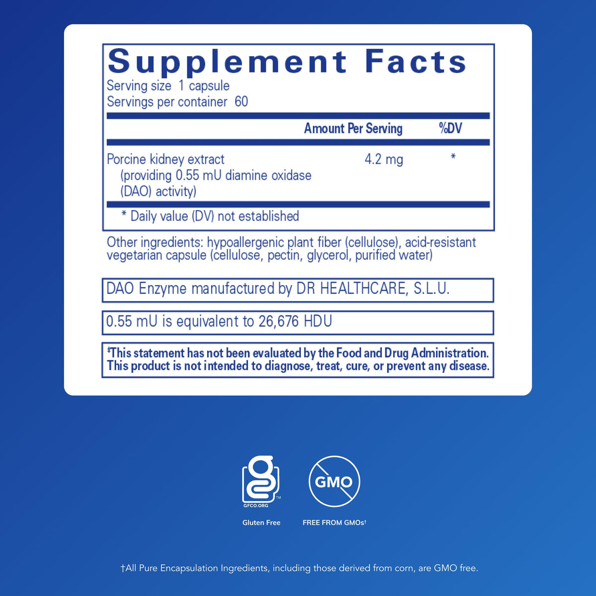 Capsules DAO Enzyme de Pure Encapsulations sur un fond blanc