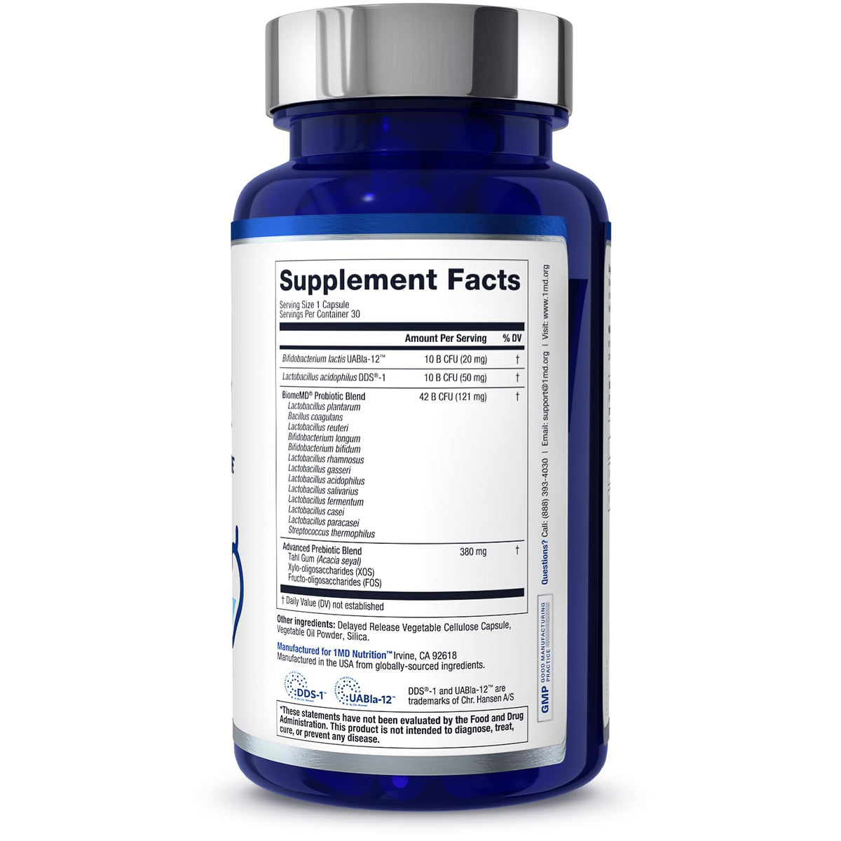 Capsules de 1MD Nutrition BiomeMD avec verre d'eau