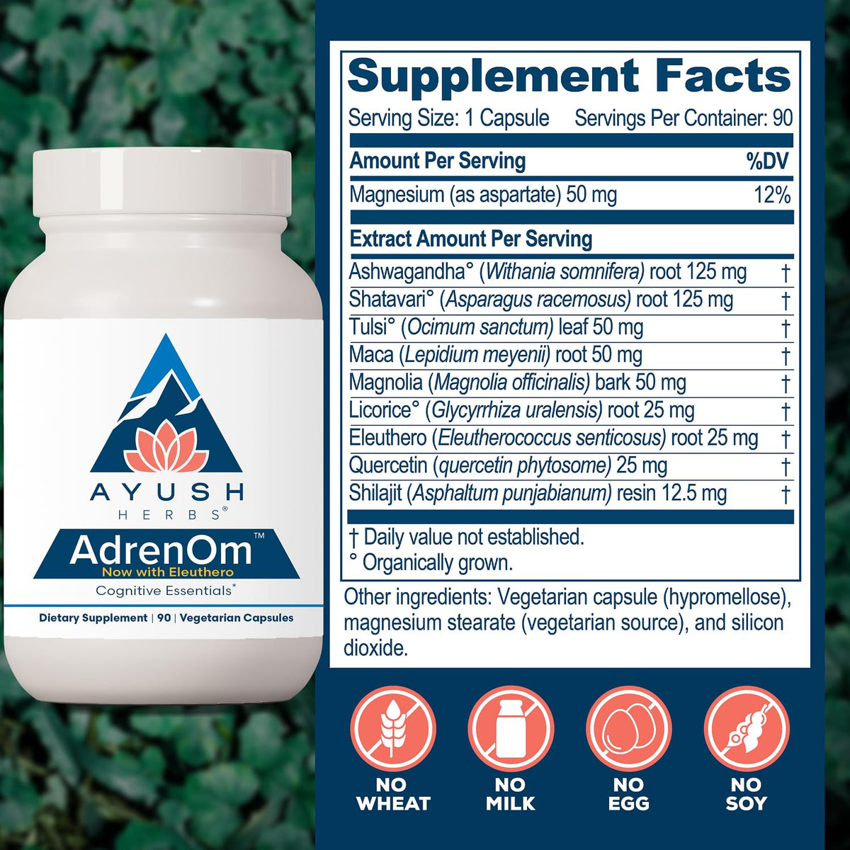 Capsules de Ayush Herbs AdrenOm sur une table en bois