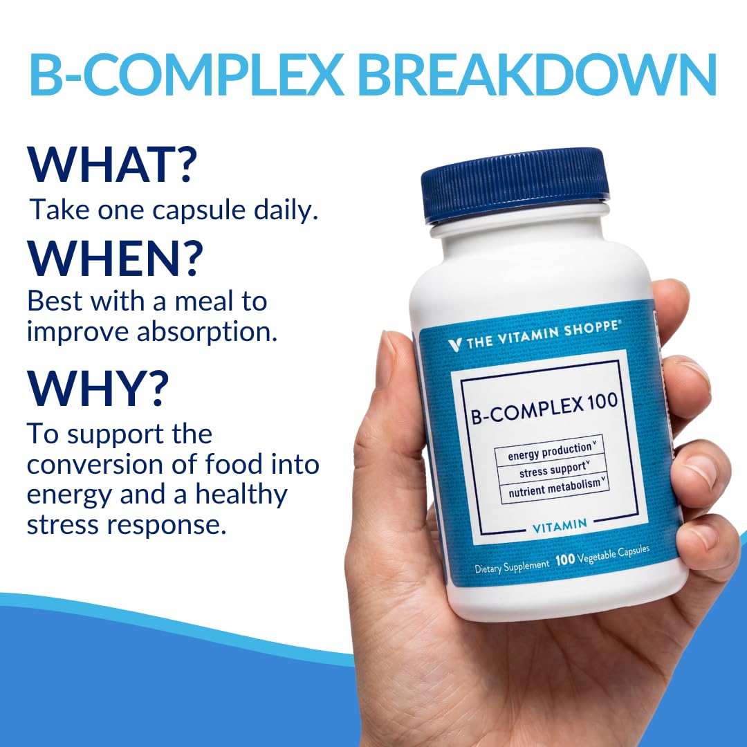 Capsules de B-Complex de The Vitamin Shoppe sur une table en bois