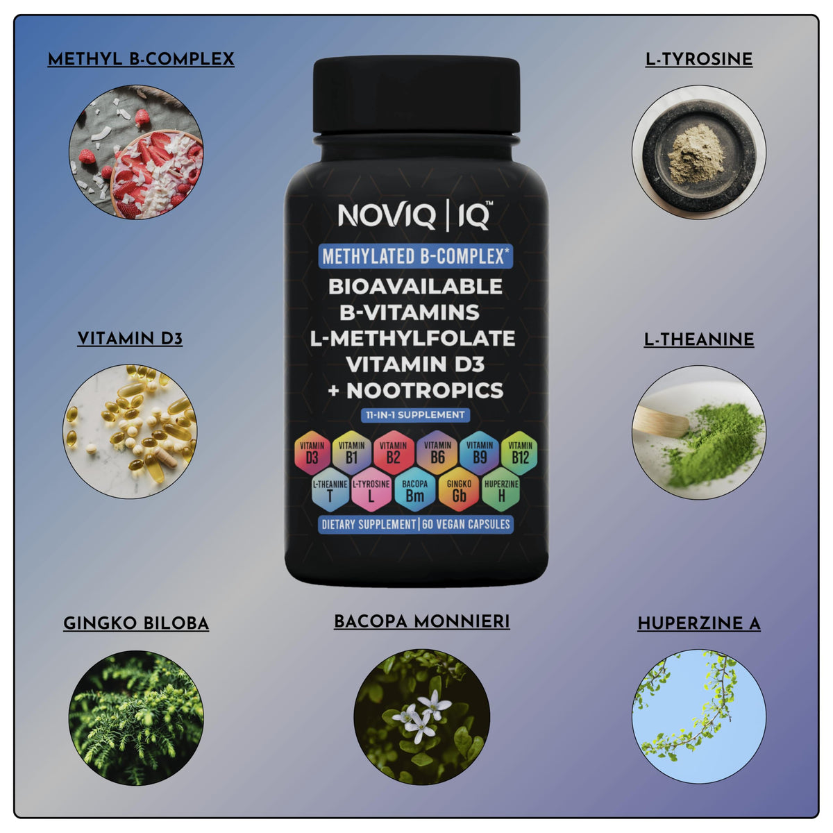 Capsules de B-Complex NOVIQ avec une tasse de thé