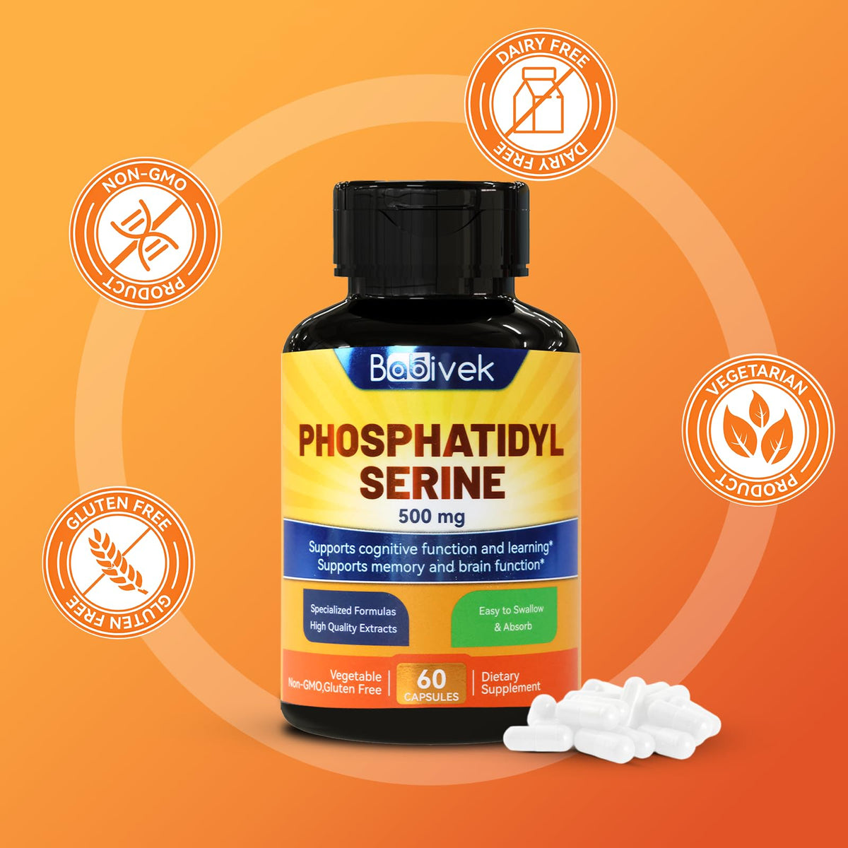 Capsules de Babivek Phosphatidylserine sur une table en bois