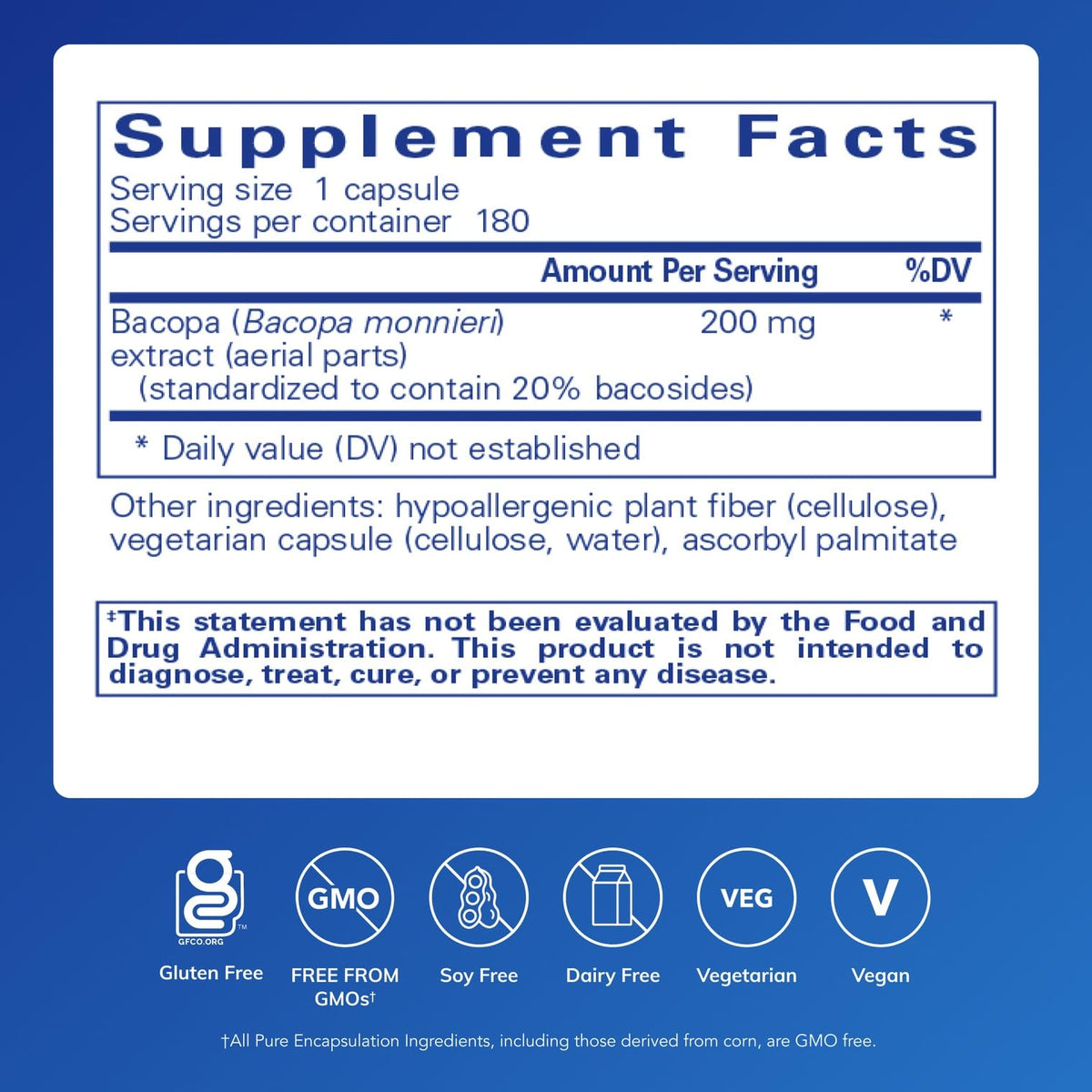Capsules de Bacopa Monnieri Pure Encapsulations sur fond blanc