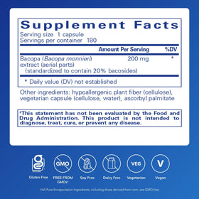 Capsules de Bacopa Monnieri Pure Encapsulations sur fond blanc