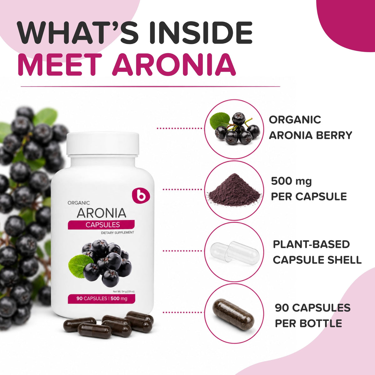 Capsules de baies d'aronia bio sur une surface en bois