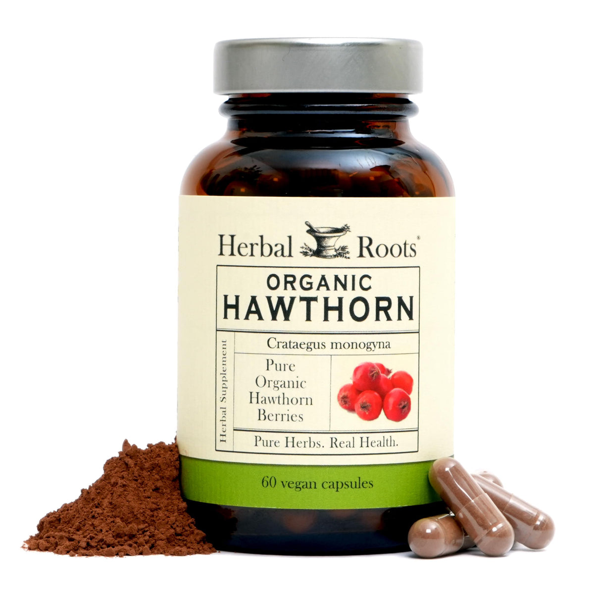 Capsules de baies d'aubépine bio Herbal Roots en bouteille