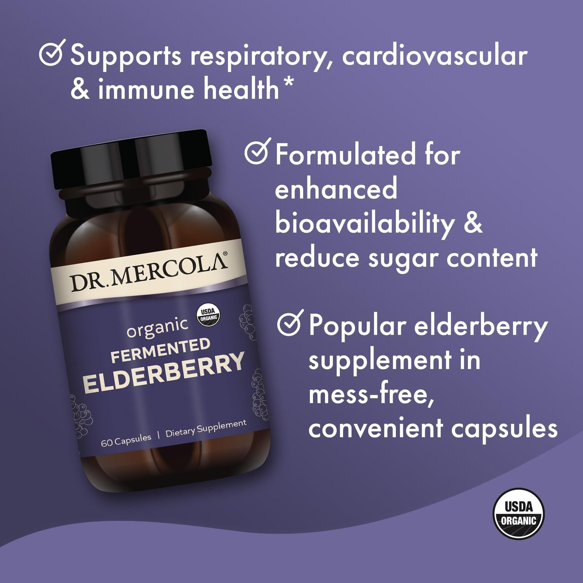 Capsules de baies de sureau fermentées Dr. Mercola sur une surface blanche
