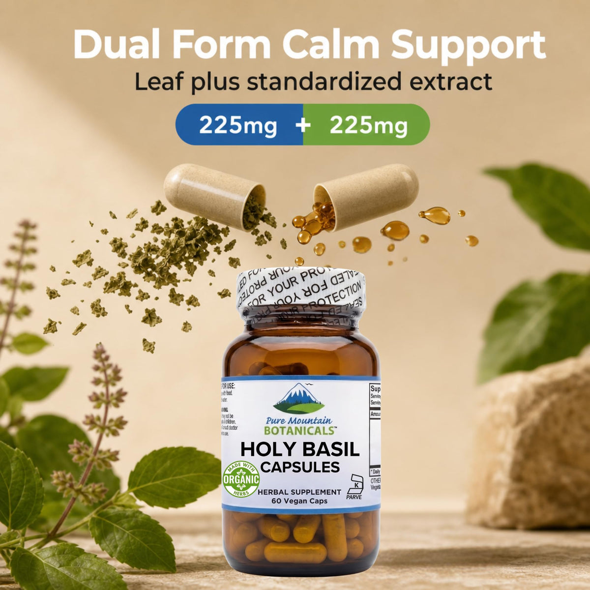 Capsules de Basilic Sacré sur une cuillère en bois