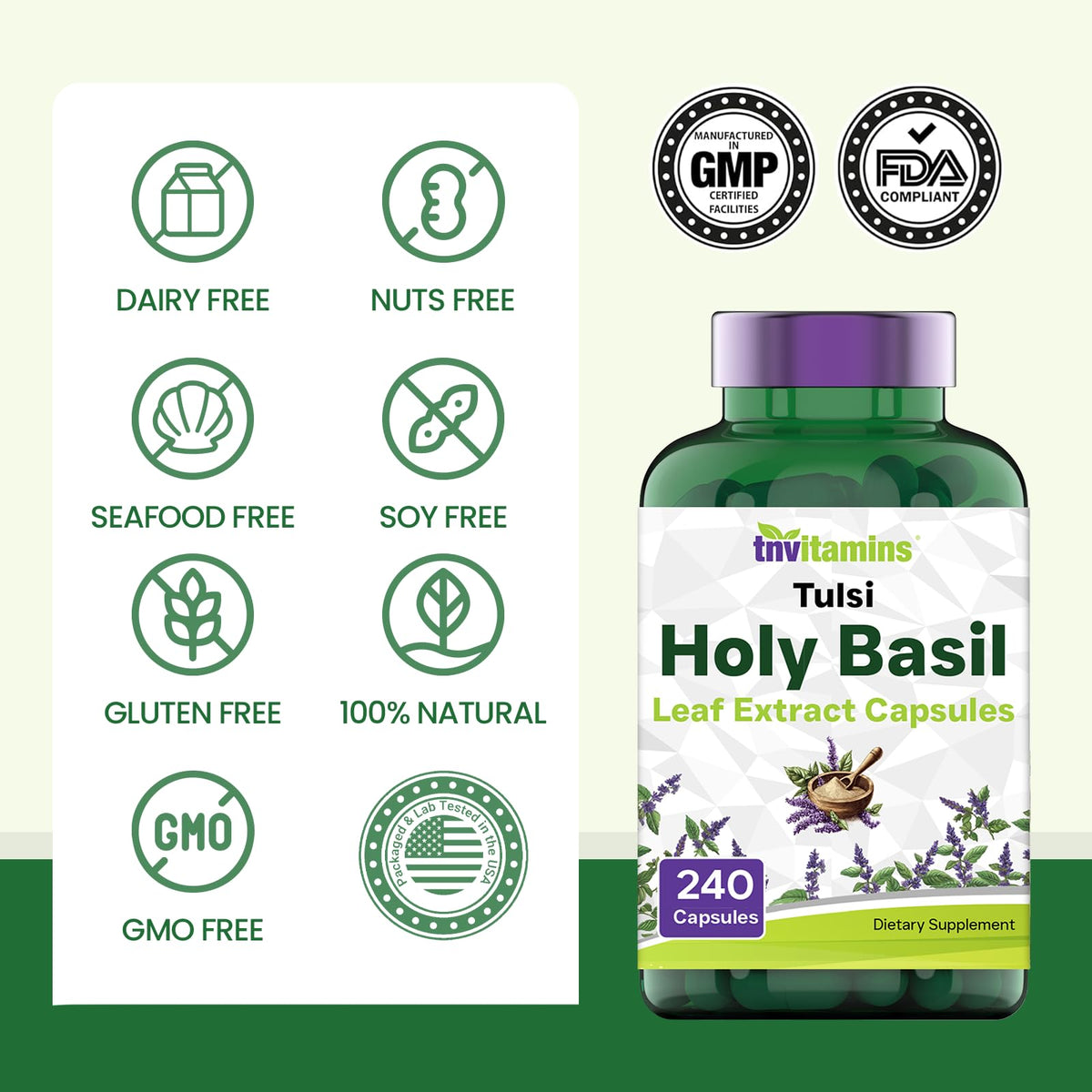 Capsules de Basilic Sacré tnvitamins avec des herbes autour