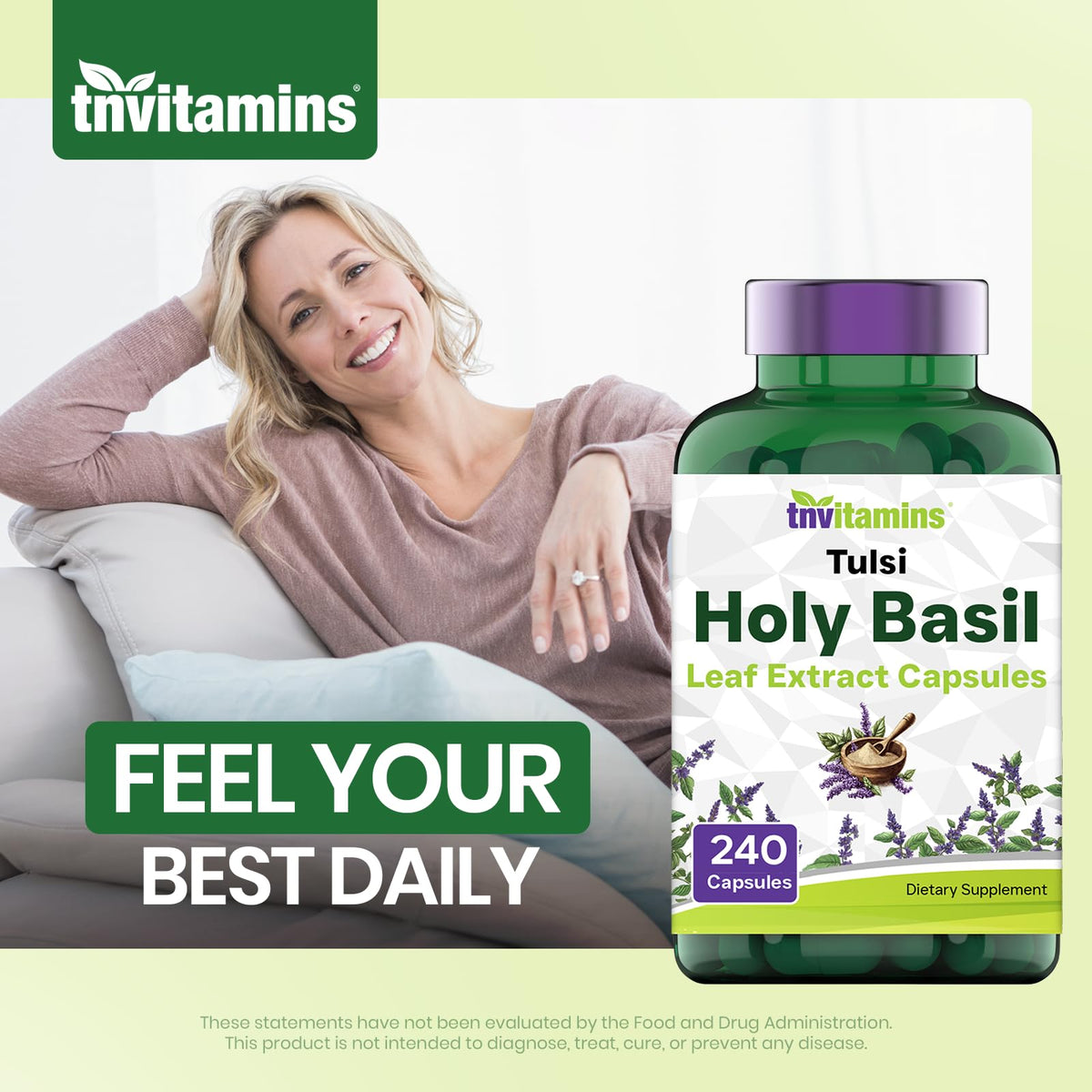 Capsules de Basilic Sacré tnvitamins sur une surface en bois