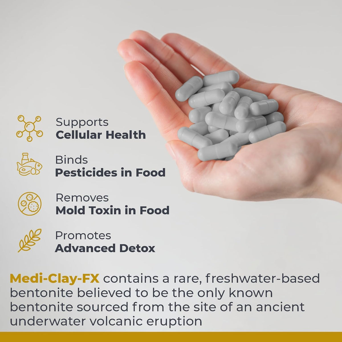Capsules de bentonite Medi-Clay-FX dans une main