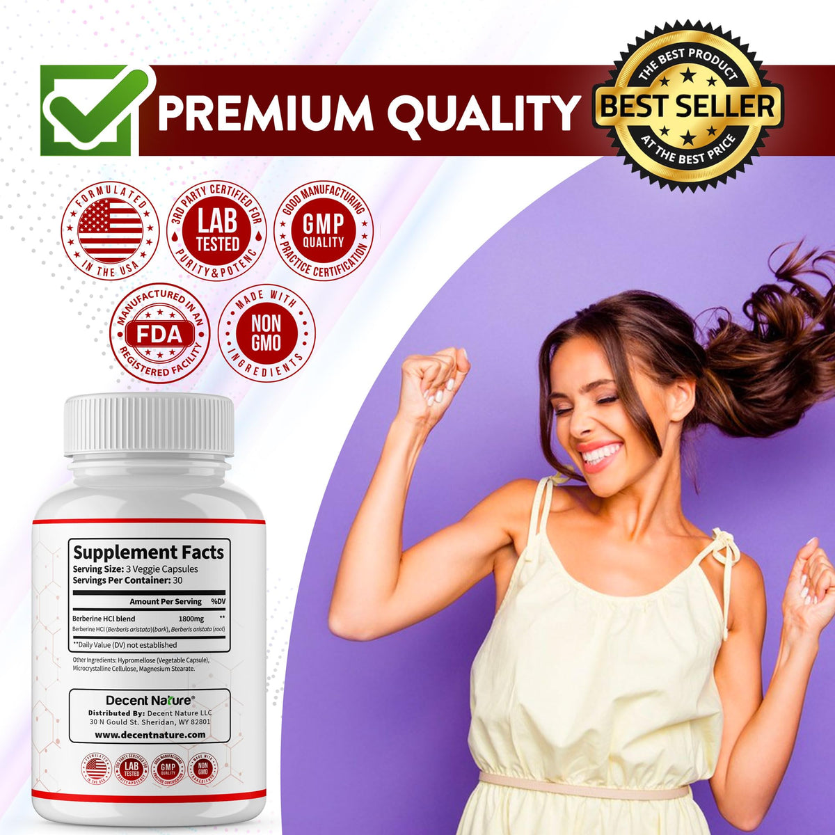 Capsules de Berbérine 1800mg DECENT NATURE dans une main
