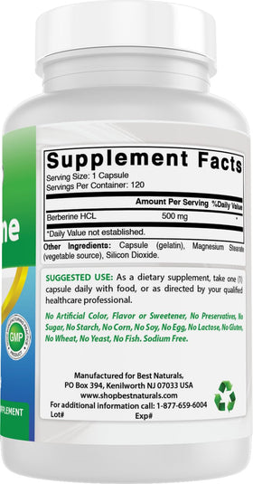 Capsules de Berbérine 500mg Best Naturals sur un fond blanc