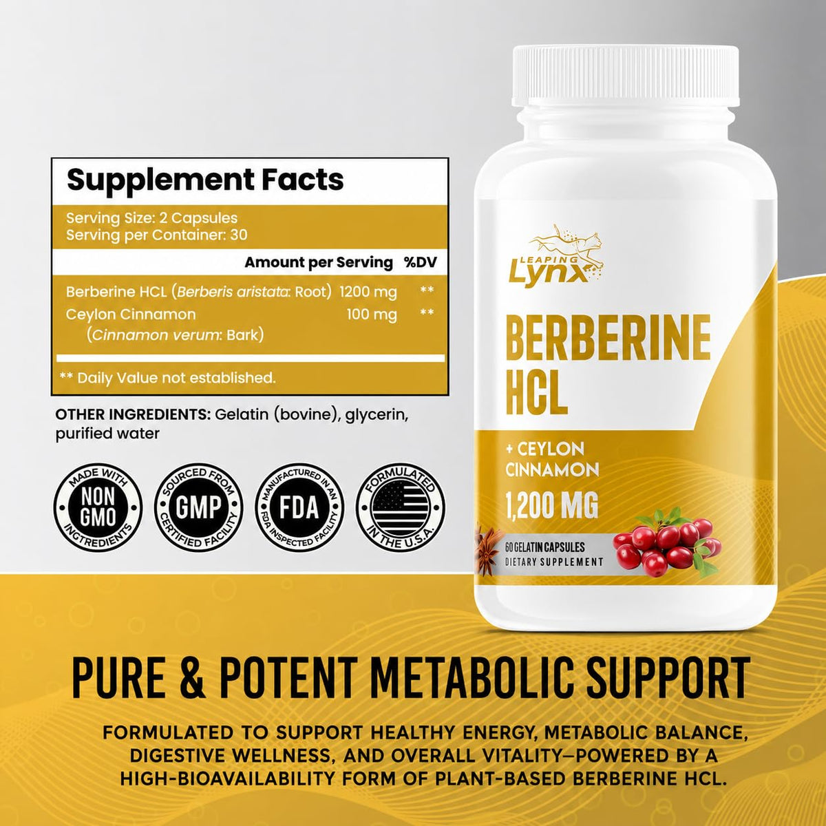 Capsules de Berbérine HCl Leaping Lynx sur une surface blanche