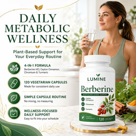 Capsules de berbérine Lumine Organics sur une surface en bois