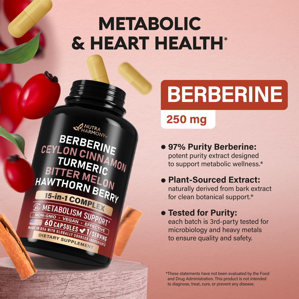 Capsules de Berberine NUTRAHARMONY sur fond blanc