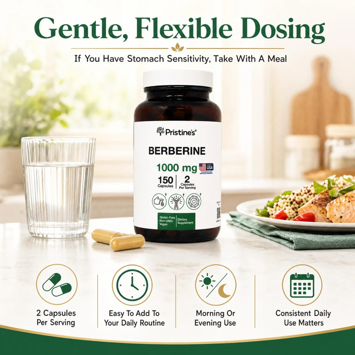 Capsules de berbérine PRISTINE'S sur une surface blanche