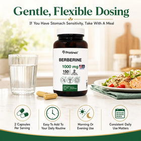 Capsules de berbérine PRISTINE'S sur une surface blanche