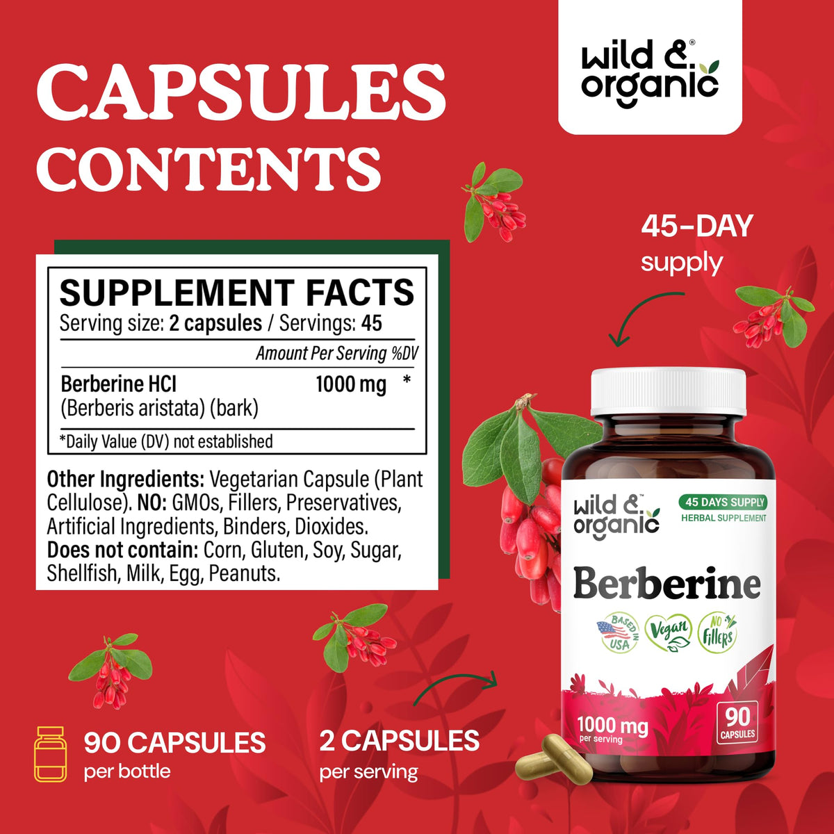 Capsules de berbérine Wild & Organic avec étiquette clairement visible