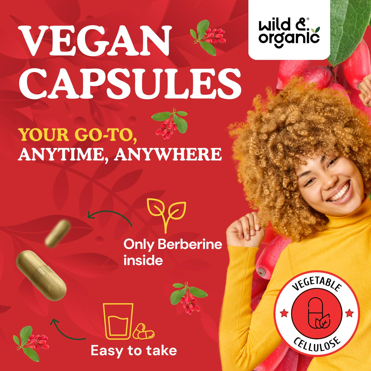 Capsules de berbérine Wild & Organic dans une main pour présentation